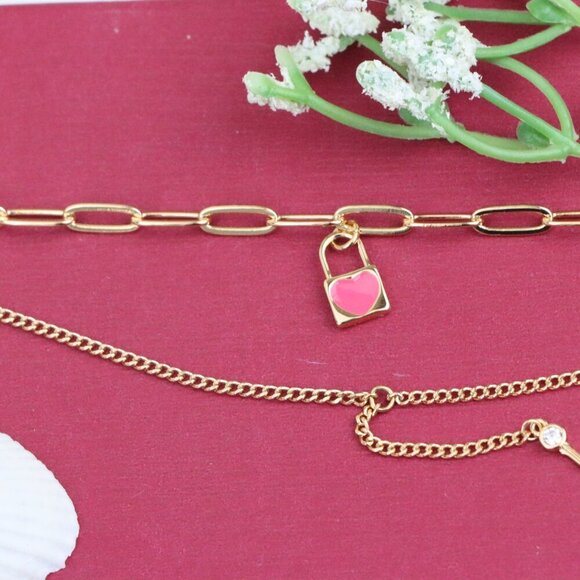 "Dual Layer Rose Gold Bracelet with Heart Lock & Key Charms, XPBL1157 - Picture 12 of 12